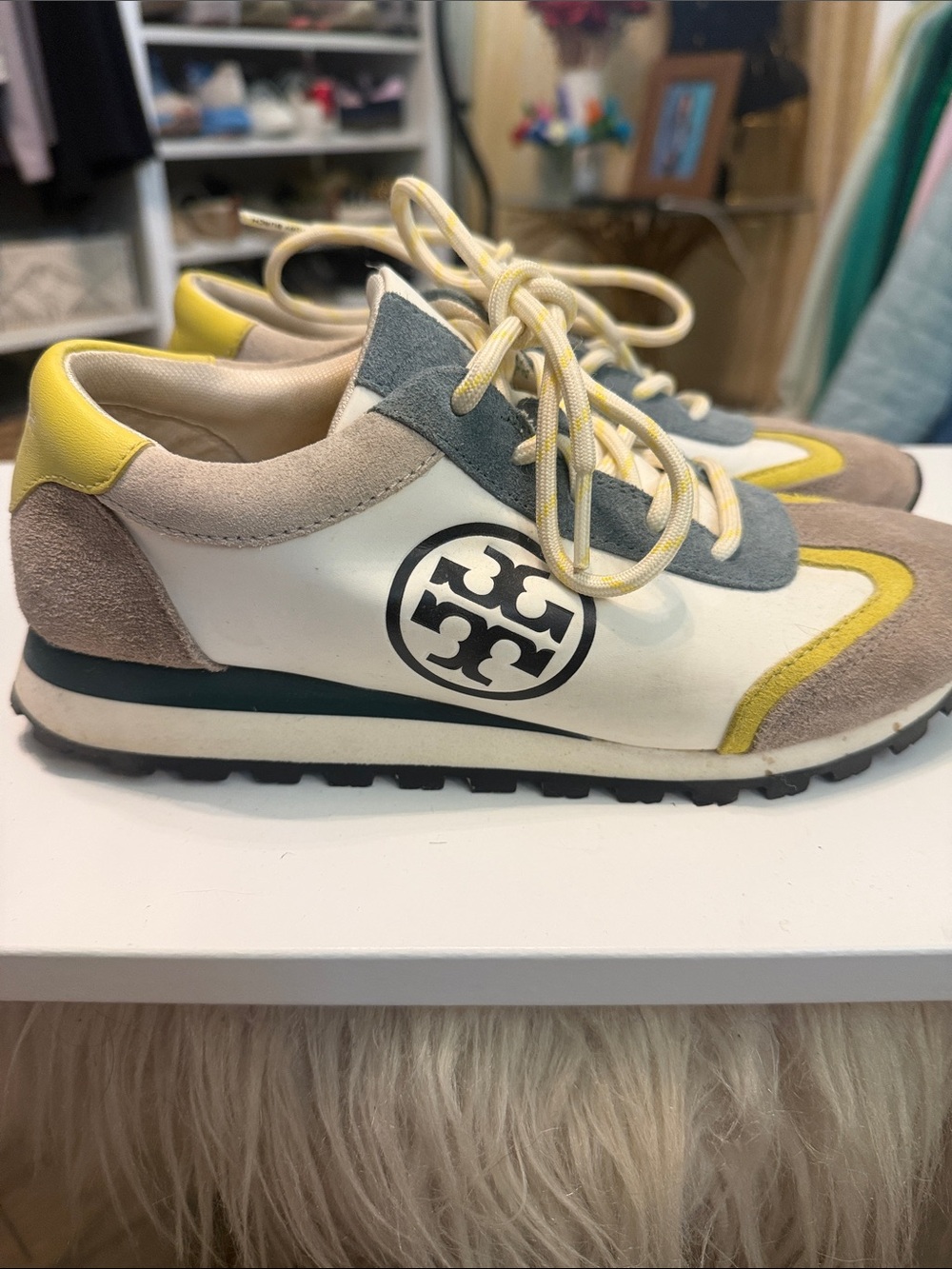 Tory Burch Nylon Yellow & Gray Suede-Trim Runner Sneakers
